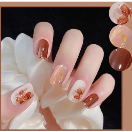 24PCS Ladies False Nails Chocolate Color Acrylic Artificial Nails White Daisy Flower Crystal Elegant Pink Press on Fake Nail Tip