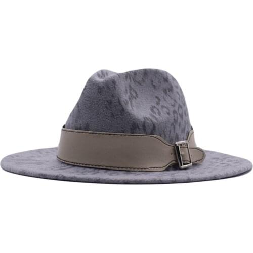 Classic Leopard Fedora Hat Wool Felt Jazz Fedora Hats Leather Buckle Men Wide Brim Vintage Elegant Women Trilby Cap