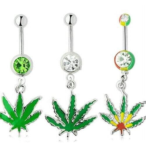 2 Piece 2021Free Shipping Plant Maple Leaf Belly Ring Crystal Green Leaves Belly Button Rings Navel Body Piercing jewelry