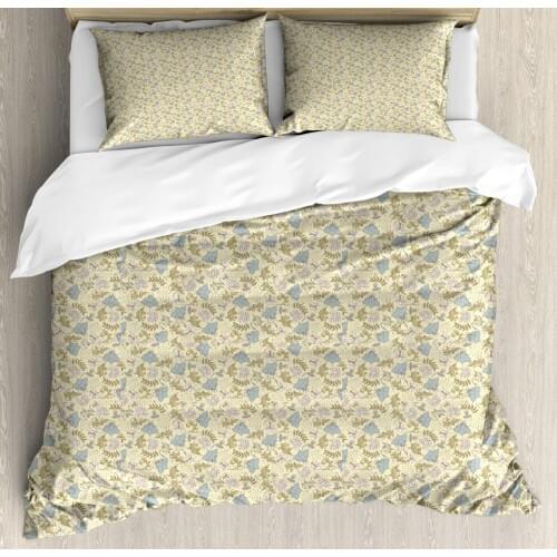 Floral Vintage Duvet Cover Set Pattern of Botanical Elements Scattered 3 Piece Bedding Set Pale Yellow Pale Blue Grey Khaki Dark