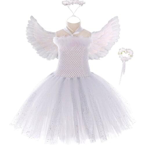 White Angel Tutu Costume Girls Princess Fairy Cosplay Dress With Wings Halloween Costumes For Kids Girl Birthday Party Clothes