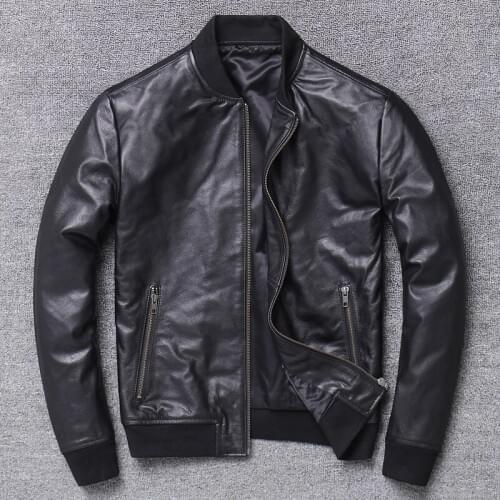 100% 2020 Men Cowhide Real Cow Bomber Genuine Leather Coat Autumn Slim Motorcycle Flight Aviator Jacket
