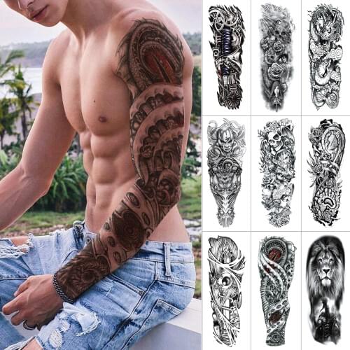 Mechanical temporary tattoo stickers for Full arm Lion dragon jesus Large waterproof fake tattoo Black sleeve tattoo for men