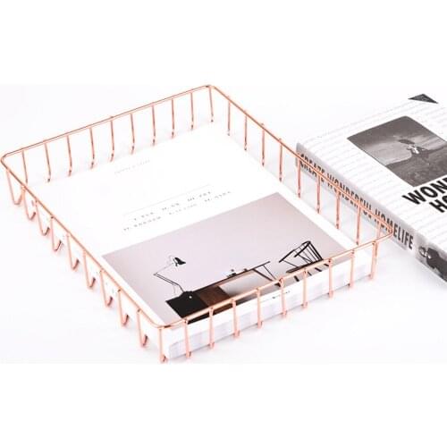 Metal Storage Iron A4 Paper Storage Basket Elegant Desk Organizer Decorative Basket Rose Gold E2S