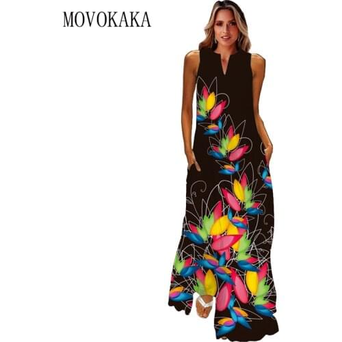 MOVOKAKA New Floral Print Plus Size Blakc Dress 2021 Elegant Casual Long Dresses Woman Summer Beach Sleeveless Maxi Dress Women