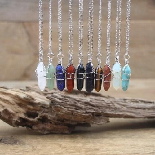 Natural Stone Point Brass Wire Wrap Pendants Necklace Crystal Quartz Hexagonal Bullet Pendulum Chakra Healing Jewelry QC3104