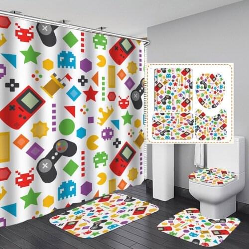 Custom Style Gamepad Bath Mat and Shower Curtain Set Non Slip U-Shaped Toilet Rug Bathroom Floor Carpet Waterproof Bathing Cover