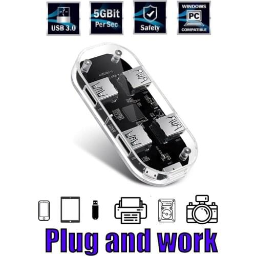 Transparent Fashion Heavey Duty 4 Ports USB 3.0 Hub For Computer Desktop Laptop 5Gbps Fast Transfer Additional Dual Power Supply