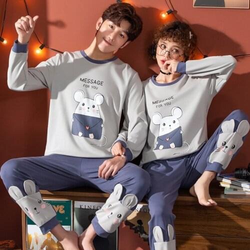 Plus Size 2020 Autumn Couple Long Sleeve Cotton Pajama Sets Women Cute Cartoon Sleepwear Men Homewear Pijama Mujer Home Clothes