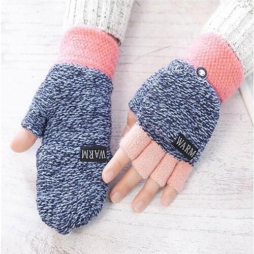 Multicolor Color Block Winter Warm Thickening Faux Wool Half Finger Flip Gloves Without Fingers Mittens Glove Women and Men