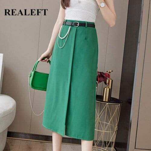 REALEFT Elegant Front Split Women Wrap Midi Skirts with Belted 2021 New Spring Autumn Female High Waist Office Lady Chic Skirts