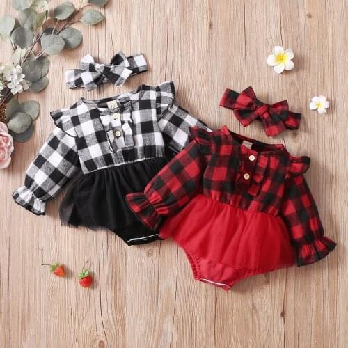 Christmas Newborn Infant Romper Plaid Printed Long Sleeve Tulle Ruffle Baby Girls Romper+Headdress Xmas Baby Clothing