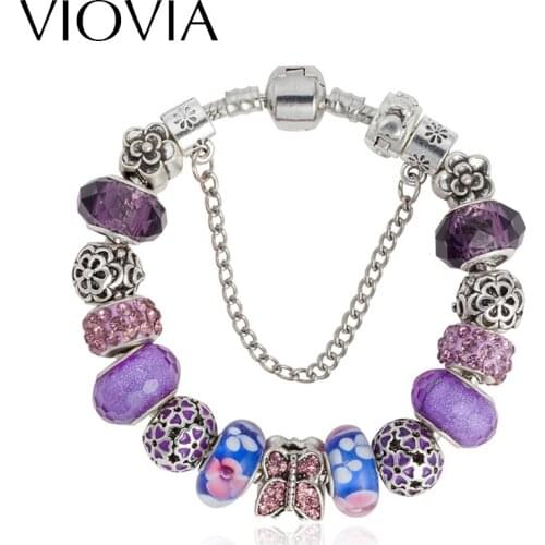 VIOVIA New Fashion Jewelry Charm Bracelets For Women Purple Colorful Rhinestone Glass Beads Bracelets Bangles Gilrls Gift B15261