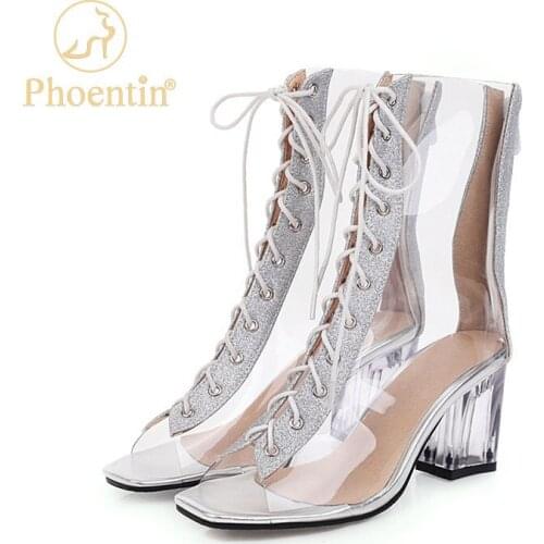 Phoentin High Heels Transparent PVC Ankle Summer Boots Peep Toe Cross Tied Gladiator Sandals Women plus size Shoes silver FT1596