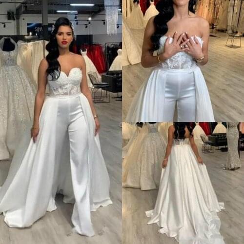Lace Stain Women Wedding Jumpsuit with Removable Skirt 2020 Strapless Abiye Bride Wedding Gowns with Pant Suit Deane Lita