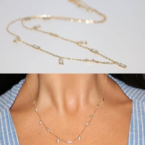 100% 925 sterling silver fine women collar chain delicate baguette cz drop choker necklace