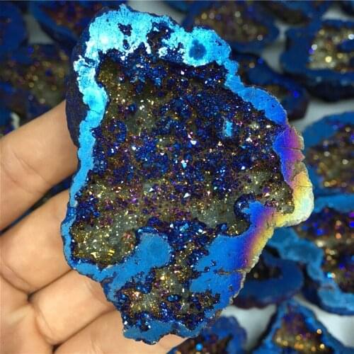 1pc Angel Aura Agate Natural Stone Geode Crystal Cluster Rock Healing Home Decor Electroplated Glittering