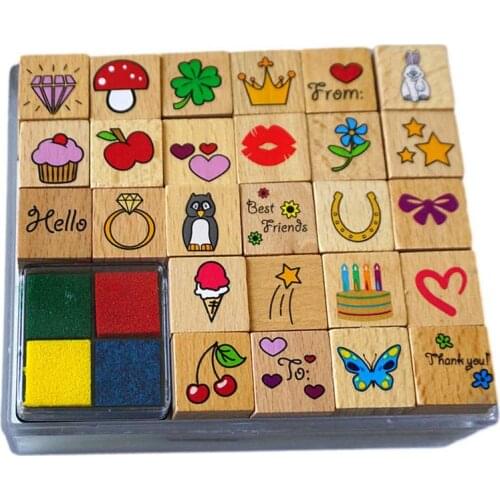 26pcs Wooden Stamps Crafting Cartoon Pattern Stamps With Ink Pad DIY Scrapbook Kids Stamp Stamps Scrapbooking Reward Toy