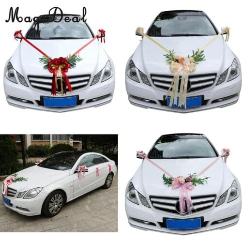 9pcs Wedding Car Decorations Kit Artificial Silk Flower Ribbon and Bows Ties Set Limousine Car Roof Door Mirror Decor