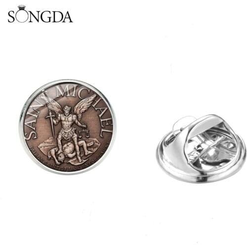 Archangel St.Michael Collar Pin Badges St.Michael Protect Me Saint Shield Glass Round Brooch Russian Talisman Holy Jewelry