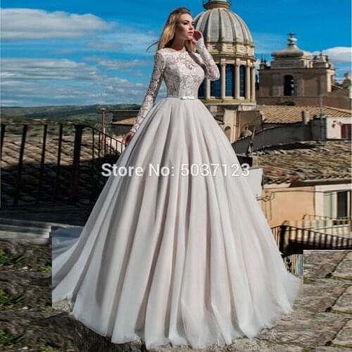 Ball Gown Wedding Dresses Vestido De Noiva O Neck Long Sleeves Appliques Lace Up Tulle Bridal Gown Robe De Mariée Court Train