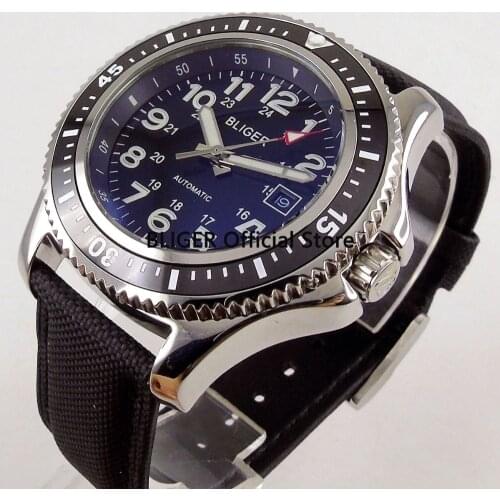 BLIGER 44mm Black Dial Black Ceramic Rotating Bezel Luminous Marks Date Display Dress Miyota Automatic Movement Mens Watch B56