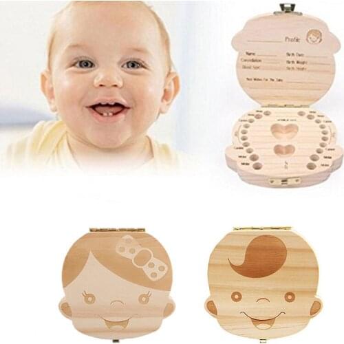Wooden baby milk teeth box Spanish English Russian French Kids Tooth Collection Souvenirs Organizer Storage Case NBB0195
