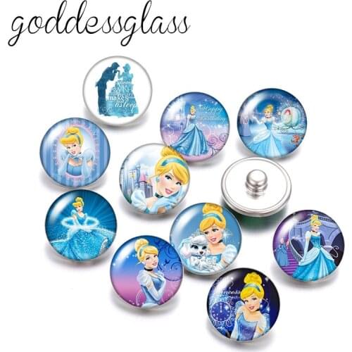 Disney Princess Cinderella Crystal shoes 10pcs Round photo glass 18mm snap buttons for 18mm snap bracelets jewelry wholesale