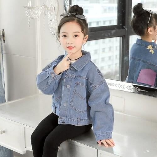 Girls denim jacket 4-13 years old Loose casual coat for kids large pockets Spring and Autumn coat Fashion single-breasted hot
