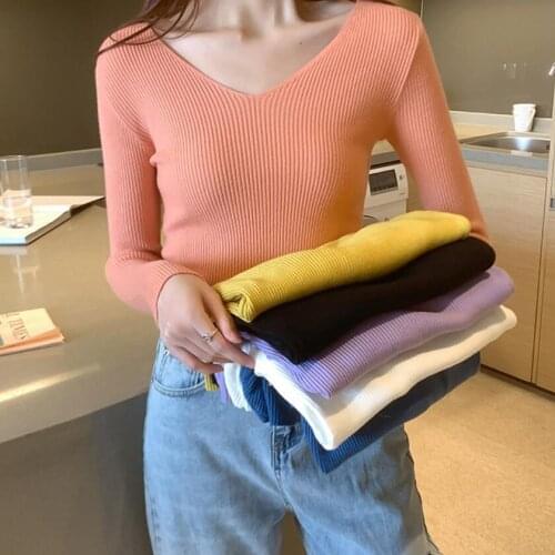 Elastic Sweater 2021 Autumn Winter Knitted Ribbed Pullovers Full Sleeve V-Neck Slim Jumper Solid Slim Shirt Casual Warm Tops Hot