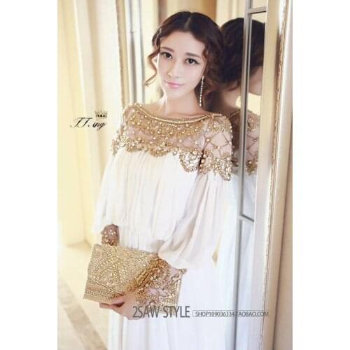 Europeanwomen slash neck luxury gem rhinestone crystal beading sequined long sleeve royal style maxi long dress bohemia vestidos