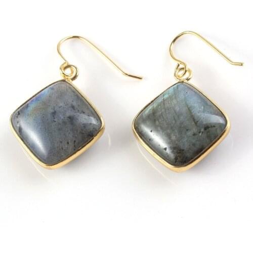 FYSL Silver Plated Square Shape Labradorite Stone Drop Earrings for Women Black Agates Trendy Jewelry