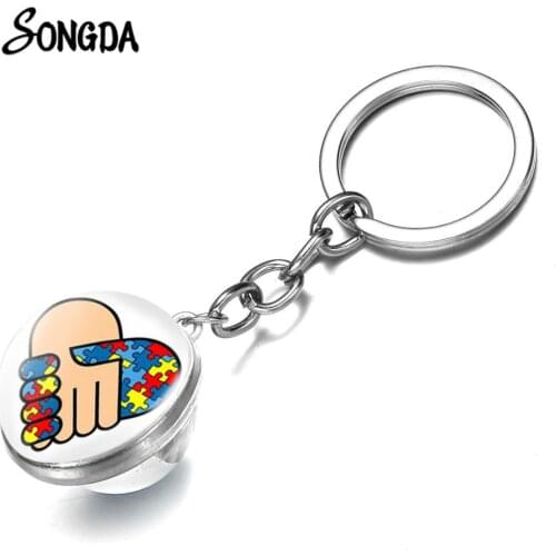 Puzzle Autism Awarness Key Chain Hope Colorful Glass Cabochon Pendant Cure Of Autism Child Sickness Key Ring For Boy Girl