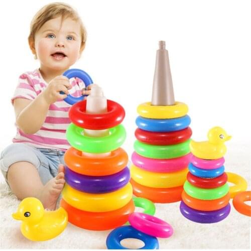 Rainbow Color Stacking Rings Tower Duck DIY Nesting Toy Kids Toddler Early Educational Toddler Bath Tub Play Toys Birthday Gifts