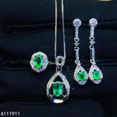 KJJEAXCMY fine jewelry 925 sterling silver inlaid Natural Emerald pendant Ring Earring noble Female Suit Support Detection cute