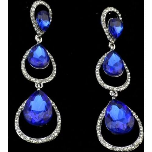 Korea Fashion Blue Purple Crystal Teardrop Statement Bridal Earrings Jewelry Bridesmaid Gifts Long Wedding Earrings for Brides
