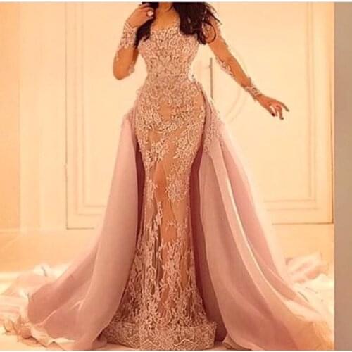 Muslim dress Mermaid Evening Saudi Arabia Prom Party Long Sleeves Formal Gowns With Detachable Train Bespoke Wedding Dresses