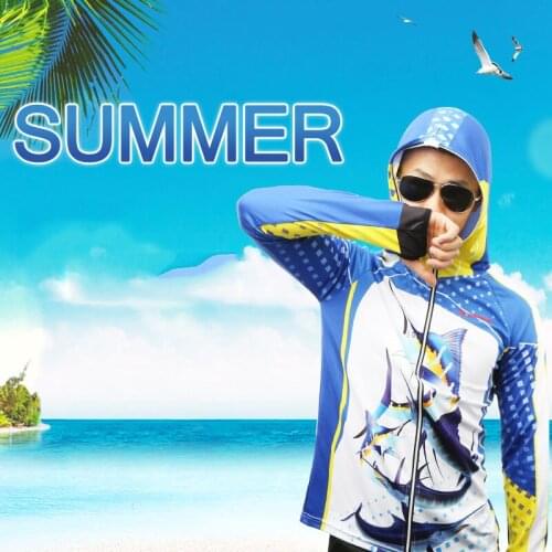 Blue Print Summer Breathable Hooded Fishing Shirt Hiking Running Shirts Comfort Sunscreen UV Protection Mens Sports Wear