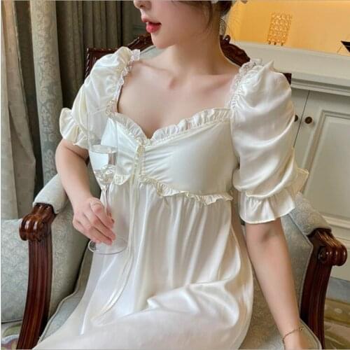 Women Summer Long Nightgowns Solid Vintage Short Sleeves Night Dress Thin Style Silk Home Dress With Lace Ruffles New Arrival