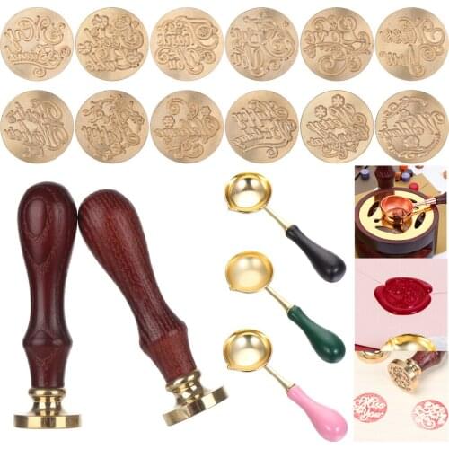 New Brass Head Wooden Handle Happy Birthday Thank You With Love Floral Letter Printing Greetings Wax Seal Stamp and Melted Spoon