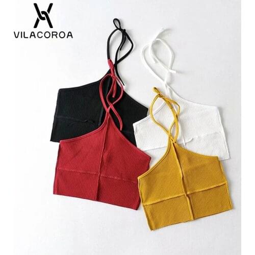 Frilled Knitted Halterneck Women Tank Tops Basic Skinny Lace-Up Cropped Tops Sexy Backless Top Vest Female Summer Slim Clothes