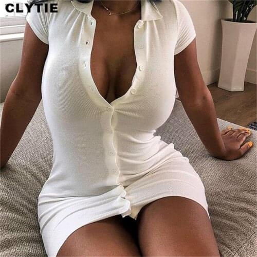 Clytie Sexy Deep Neck Skinny Dress For Women 2021 New Clothing Turn-Down Collar Ladies Short Sleeve Buttons Female Mini Dresses
