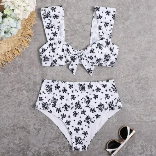 Sexy Push Up Bikini Set Bandeau Bikinis Women Black Floral Print Bowknot High Waisted Swimwear Wide Shoulder Strap Bathing Suit