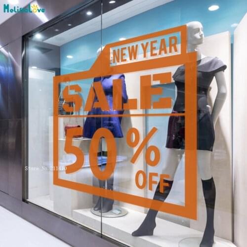 Fun New Year Sale 50% OFF Window Sticker Shopping Day Womens Clothing Sales Decoration Discount Word Logo Murals YT3578
