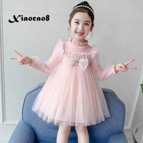 New Fashion Girls Full Knit Princess Dress Kids Bow Mesh Knee-Length Dresses for Girls Toddler Baby Girl Fall Winter Clothes