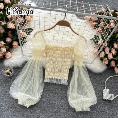 2021 summer new female square collar puff sleeve ruffles gauze shirts women elegant waist mesh blouses chic shirt