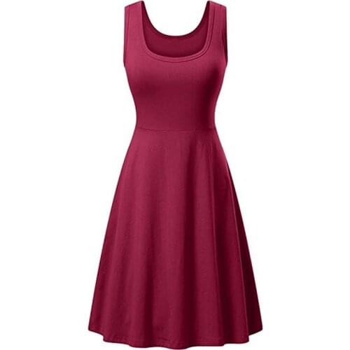 Women Summer Solid Color Sleeveless Spaghetti Strap O-Neck Fit And Flare Big Hem Beach Casual Dresses