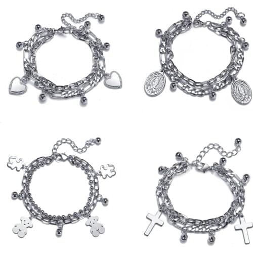 Punk Silver Color Heart Bear Cross Charm Bracelets for Women 2021 Fashion Multilayer Chain Bracelet & Bangle DIY Jewelry Gift