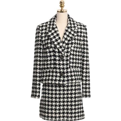 2019 Winter Woman Tweed Wool Suit Clothes Womens Fashion Single breasted Houndstooth Jacket Coat + Mini Skirt Set fall outfits