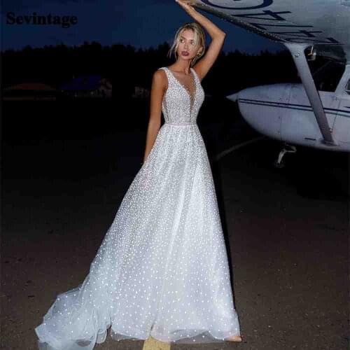Sevintage Beach Glitter Polka Dot Wedding Dress 2021 Sexy V-Neck Party Boho Bridal Dresses Sleeveless Shiny BridalGowns PlusSize